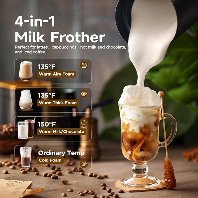Milk Frother, 4-in-1 10oz/300ml Electric Milk Steamer, Hot & Cold Foam, Auto Shut-Off Frother for Coffee Latte and Cappuccino, Black
