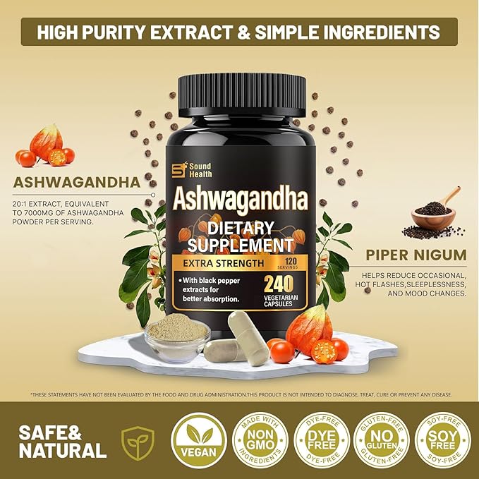 SoundHealth Organic Ashwagandha Capsules Supplements - 7000mg Herb Powder Equivalent Per, Ashwagandha Powder for Women & Man - Vegan, Plant Based, Gluten-Free, Non-GMO - 240 Capsules (120 Servings)