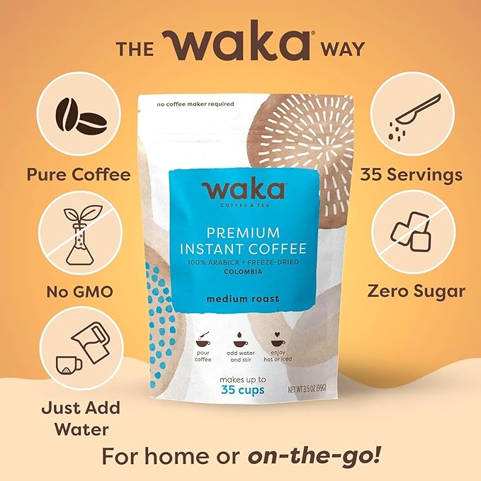 Waka Instant Coffee, Medium Roast - 100% Arabica Colombian Beans, Freeze Dried Granules, No Sugar or Additives - Bulk Bag for Quick Hot and Iced Coffees, Up to 35 Cups (3.5oz)