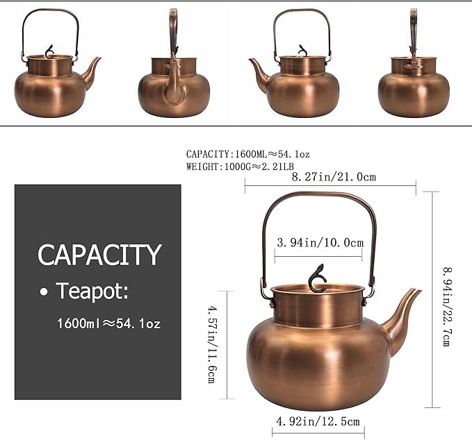 YJX Pure Copper Tea Kettle For Stovetop, Chinese Style Non-Coating Teapot with Stainless Steel Tea Ball For Loose Tea, Solid Tea Pot (1600ml)