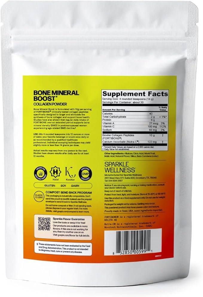 Sparkle Wellness Bone Mineral Boost (Tropical) [30 Serves] | Collagen Powder Supplement | FORTIBONE Bioactive Collagen Peptides and Buffered Vitamin C Nutra C | Bone Supplements