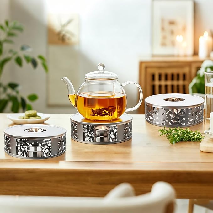 Tea Warmer Petals Silhouette, 3 Pack Stainless Steel Teapot Warmer with Tealight Holder