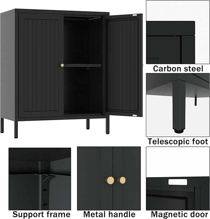 Small 2 Transparent Door Metal Storage Side Buffet Cabinet for Bed Room,Living Room,Entryway,Hallway,Home,Hotel,Office,Garage,Kitchen,1 Removable Shelf. (Striped Door, Black)