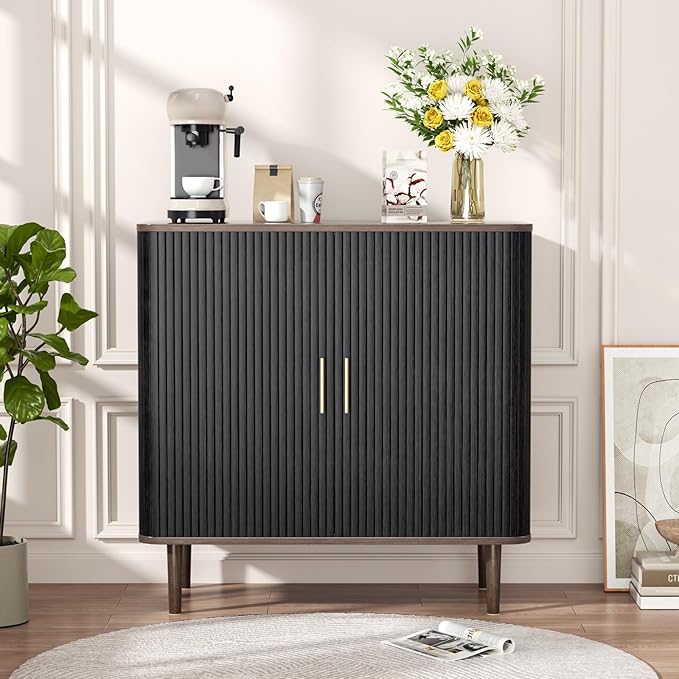 35" Fluted Accent Buffet Cabinet, Black Small Storage Sideboard with Sliding Door, Mid Century Modern Credenza with Solid Wood Leg, Wine Coffee Bar Console Table for Kitchen, Entryway, Living
