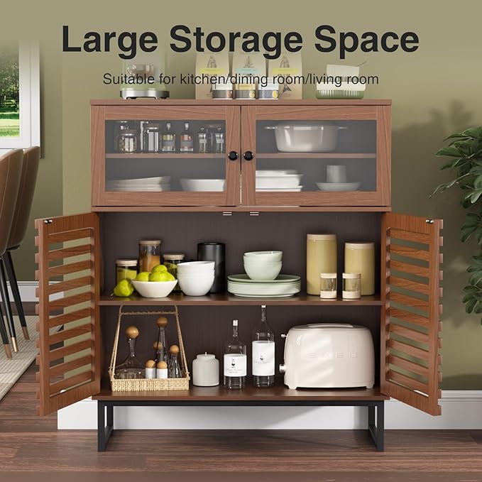 Vabches 31.5" Buffet Cabinet with Storage, Mid Century Modern Sideboard Coffee Bar Cabinet with Grille Doors & Adjustable Shelves for Kitchen, Dining Room, Living Room, Walnut