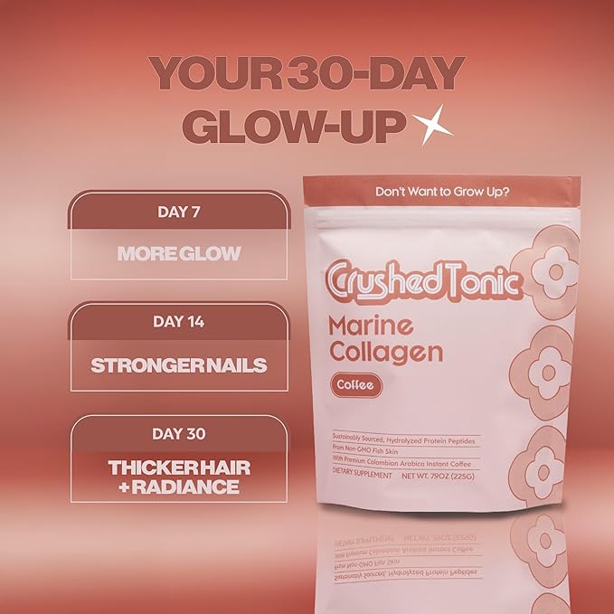 Crushed Tonic Marine Collagen with Instant Coffee - for Skin, Hair & Health - Hair & Nail Care Beauty Supplement - Halal & Kosher Protein Peptides (Pouch, Colombian Arabica Coffee)