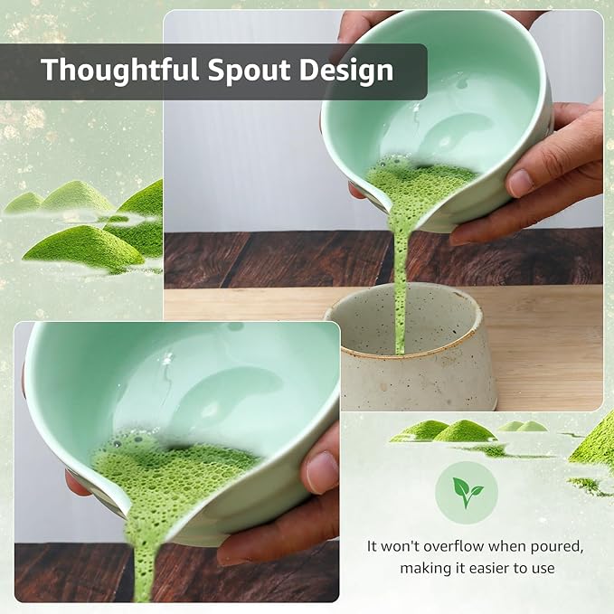 Matcha Whisk Set, 4 Pcs Matcha Set Includes Ceramic Matcha Bowl with Spout, Matcha Whisk Holder, Bamboo Matcha Whisk and Scoop - Green Matcha Tea Set, Cute Matcha Kit Set for Matcha Lovers