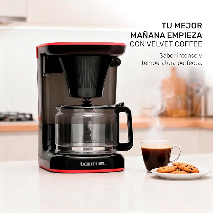 Taurus Velvet 12-Cup Drip Coffee Maker, Glass Carafe, Modern Compact Design, Non-Programmable, Easy-Clean Reusable Filter, Auto Shut-Off, Black