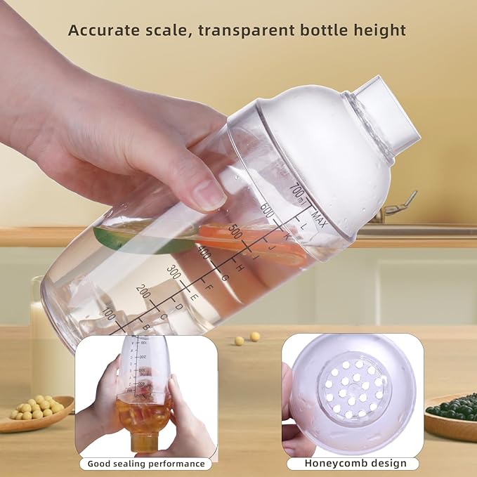 Plastic Bar Cocktail Shaker with Measuring Jigger Set,Hand Drink Mixer Boba Tea Shaker Cup with Scales,Bar Tool Transparent Protein (500ML)