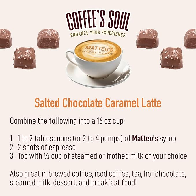 Matteo's Salted Chocolate Caramel Syrup for Coffee, Lattes, Cappuccinos & Desserts – Sugar-Free Sweetener for Beverages, Keto Friendly, Zero Calories, Indulgent Flavor, Non-Alcoholic, 33.8oz (6pk)