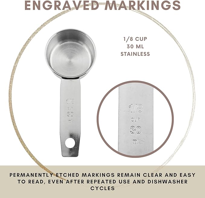 1/8 Cup Stainless Steel Measuring Cup | Sturdy Metal 30 ml | 30 cc | 1 oz | Single Cup for Wet and Dry Ingredients | Great for use as 1/8 Cup Coffee Scoop - 12 PK