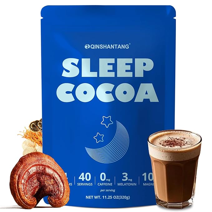 Mushroom Hot Cocoa for Sleep, 40 Servings, Mushroom Hot Chocolate Powder, 14 Mushroom Blend with Magnesium Glycinate, Melatonin, L-Theanine, GABA | Relaxation Calm Aid | Vegan, Keto-Friendly, Gluten-Free