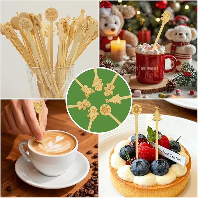 50PCS Bamboo Coffee Stirrers, 7inch Christmas Biodegradable Disposable Stir Sticks Coffee Drink Cocktail Stirrers for Christmas Winter Office Home Coffee Milk Hot Chocolate Bar Supplies