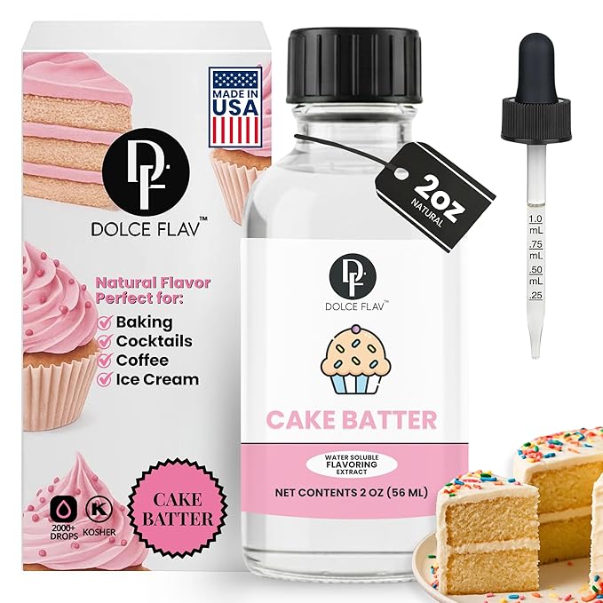 Dolce Flav Natural Cake Batter Extract – 2 Ounce Water-Soluble Kosher, Sugar-Free, Concentrated Birthday Cake Flavor for Frosting, Cupcakes & Ice Cream, Includes Measured Dropper