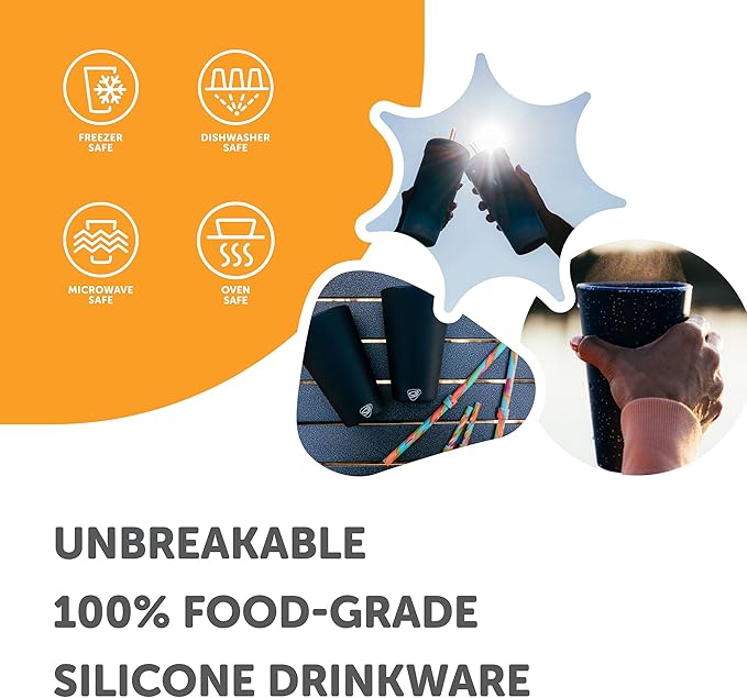 Silipint 16oz Silicone Pint Glass – Unbreakable BPA-Free Reusable Silicone Drinking Cup – Flexible Dishwasher Microwave & Freezer Safe – Stemless Glass for Coffee Smoothies (Classic Black)