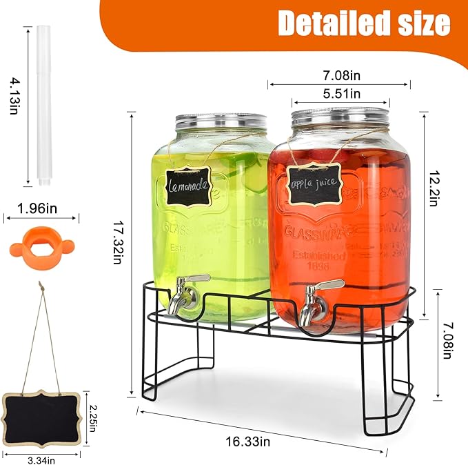 2 Gallon Glass Drink Dispensers For Parties (2 PACK) With Stand And Leakproof Stainless Steel Spigot - Glass Water Jug, Lemonade Dispenser