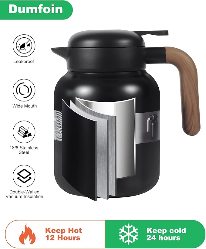 45 Oz Thermal Coffee Carafe, Stainless Steel Insulated Vacuum Coffee Carafes For Keeping Hot, 1.3 Liter Beverage Dispenser (Black/Black)