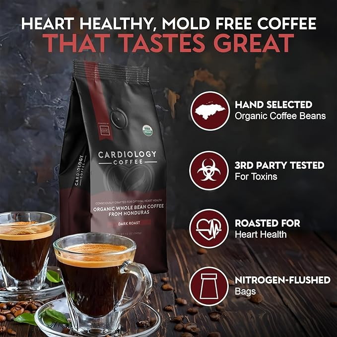 Cardiology Coffee – Whole Bean Coffee – USDA Certified Organic, Mold Free 12oz Premium Dark Roast Coffee Beans - Organic Espresso Beans with Antioxidant Benefits – Perfect for Heart Healthy Lifestyle