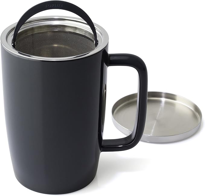 FORLIFE Dew Glossy Finish Brew-In-Mug with Basket Infuser & "Mirror" Stainless Lid 18 oz., Black Graphite