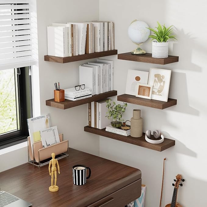 55 Inch Floating Shelves, 8 Inch Deep Floating Shelves for Wall, Hanging Shelf with Invisible Brackets, Deep Shelves for Bathroom, Bedroom, Living Room, Walnut, Set of 2