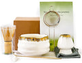 Matcha Whisk Set: Includes Bamboo Whisk, Matcha Bowl, Cute Stand, Bamboo Scoop, Scoop Rest, Sifter and Tea Towel — 7-Piece Matcha Kit with Golden Texture Details, a Favorite for Matcha Lovers (White)