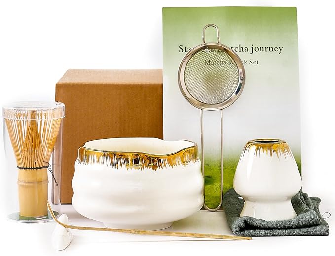 Matcha Whisk Set: Includes Bamboo Whisk, Matcha Bowl, Cute Stand, Bamboo Scoop, Scoop Rest, Sifter and Tea Towel — 7-Piece Matcha Kit with Golden Texture Details, a Favorite for Matcha Lovers (White)