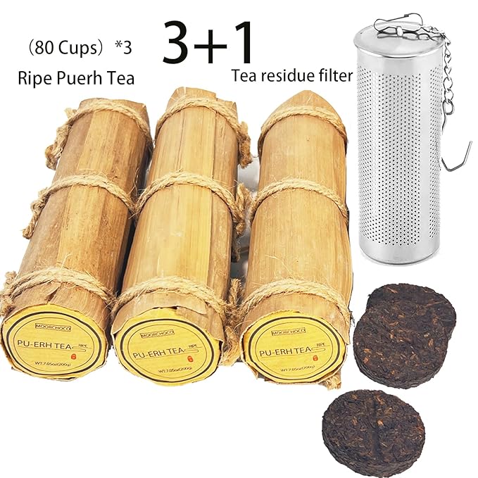 (60Cakes-240Cups) Pu-erh Tea in Bamboo Leaf Tube - Ripe Puerh Tea Cake 21.16 oz/600g And a tea filter，Aged Shou Black Tea