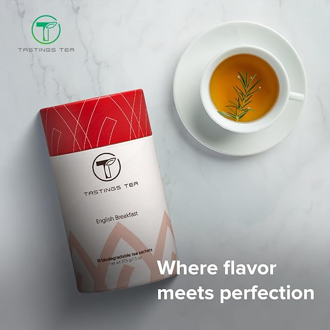 Tastings Tea English Breakfast Tea Bags - 15 Biodegradable Pyramid Sachets | Black Tea Blend with Assam & Nilgiri Flavor | Natural Caffeinated Tea