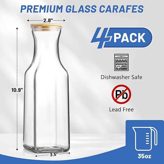 35 Oz Square Glass Carafe with Bamboo Lid, Beverage Dispensers, Mimosa Bar Supplies, Clear Glass Pitcher with Name Labels for Iced Tea, Coffee,Juice(Pack of 4)
