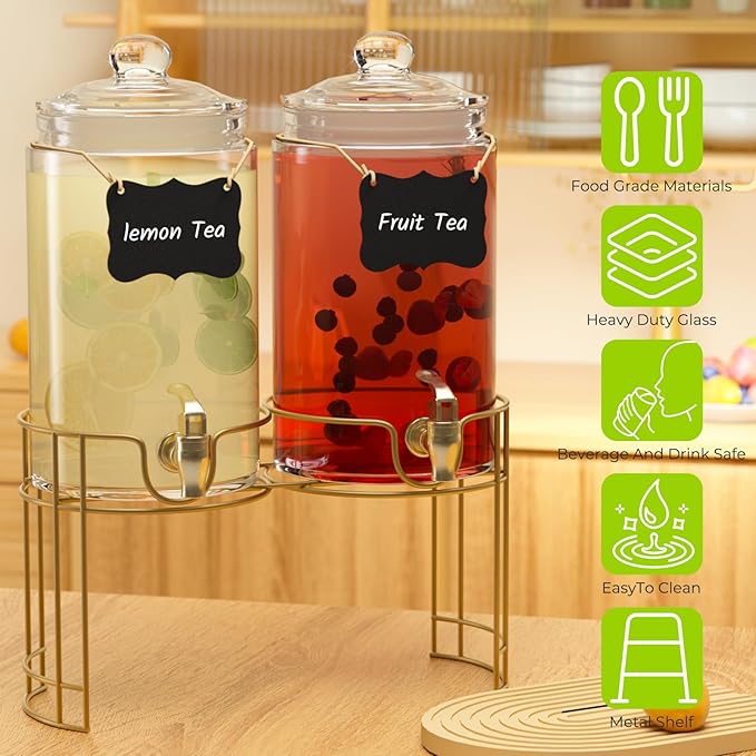 Glass Drink Dispensers For Parties, 2 PACK 1 Gallon Beverage Dispenser With Lids, Gold Metal Stand And Spigot 100% Leak proof. Lemonade Dispenser With Chalk board