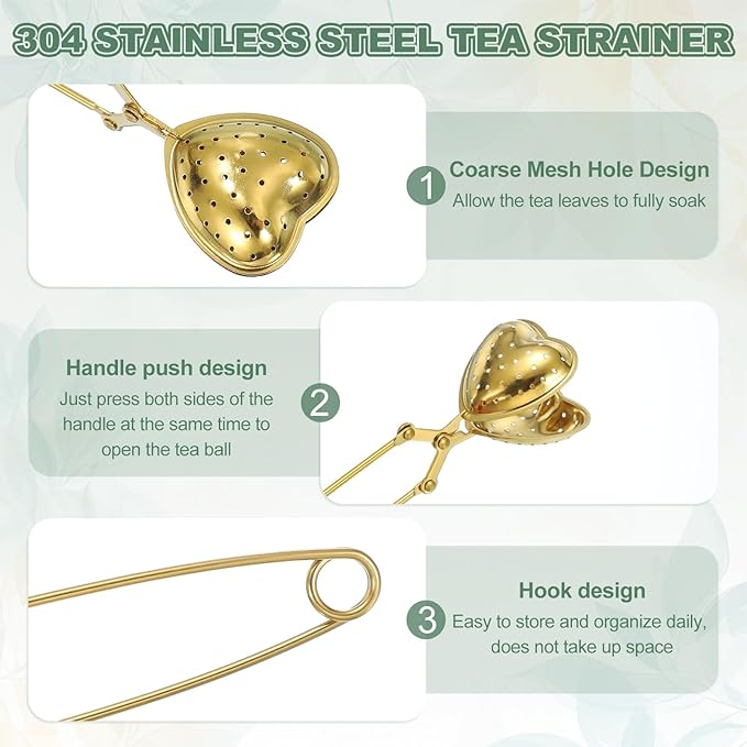 uxcell 2 Pcs Tea Infuser, Stainless Steel Loose Leaf Tea Infuser Filter for Cup and Teapot, Long Handle Tea Steeper Strainers for Tearoom Office Home, Heart shaped, Gold