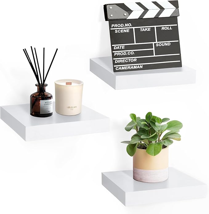 Sorbus Square Floating Shelf for Wall - 3 Small Shelves with Invisible Mounting Brackets for Living Room Decor, Bedroom, Bathroom Decor, Home & Kitchen - 9" White Wall Shelf to Display Photos Trophies
