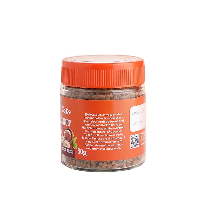 QuikCafe Hazelnut Instant Coffee, 50g, Freeze-Dried, All-Natural, Perfect Flavor of Hand-picked Arabica Beans for Coffee Lovers, Perfect Flavor From the Majestic Hills of Coonoor | Non GMO, Gluten-Free, No Preservative