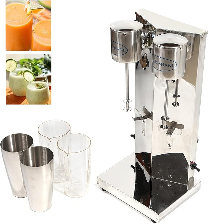 Electric Milk shaker 18000RMP Double Head Stand Mixer 180W 110V Commercial Stainless Steel Drink Mixer Machine 650ml Smoothie Malt Blender w/2Pcs PP Cup (Double Head)