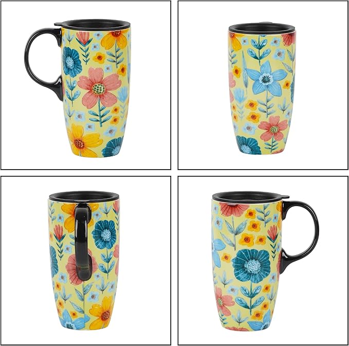 DUSVALLY Ceramic Coffee Mug Travel Cup Gift with Lid 17oz, Tea Cup with Handle for Latte, Cappuccino and Cocoa, Home and Office Porcelain Coffee Cups, Green Flower