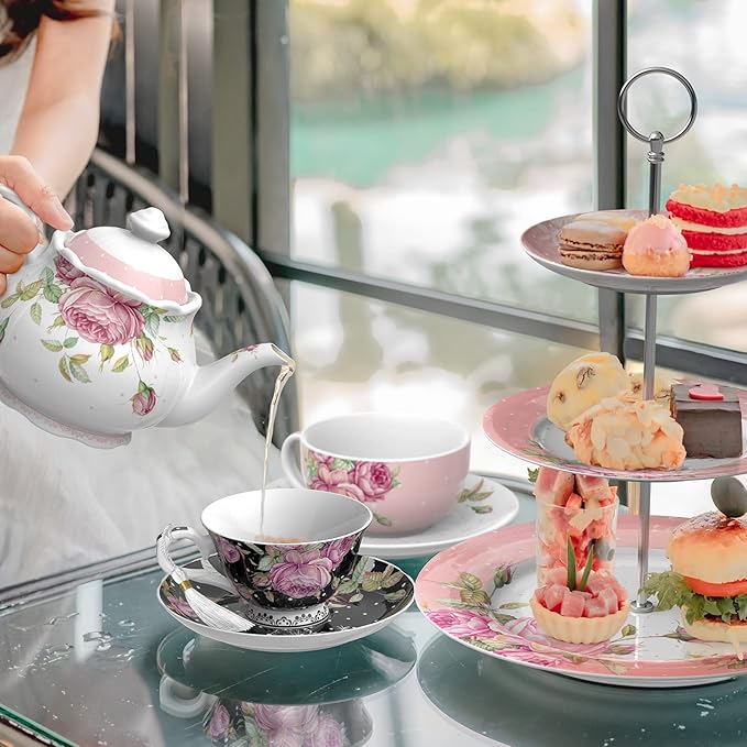 London Boutique Tea Cup and Saucer Set 1 Afternoon Tea Set New Bone China Vintage Flora Gift Box 200m (Black)