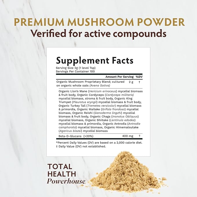 TRIBE ORGANICS Mushroom Golden Blend Powder - Organic Mushroom Powder Complex - 10-in-1 Mushrooms for Immunity Support & Health - 200g Pouch - 100 Servings