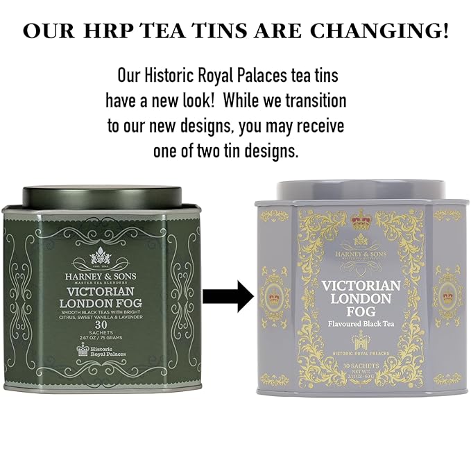 Harney & Sons Victorian London Fog Tea, Black and Oolong Tea with Citrus, Vanilla and Lavender | 30 Sachets, Historic Royal Palaces Collection (Tin Design May Vary)