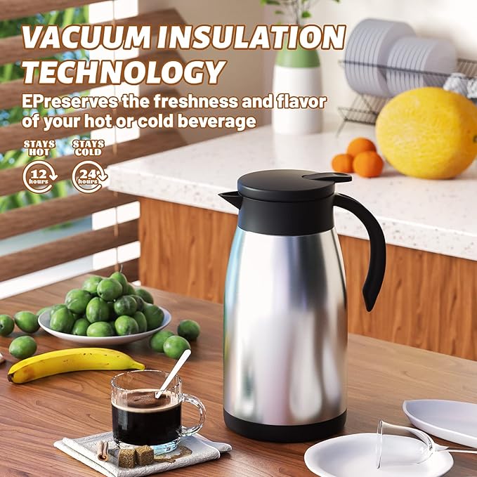 34 Oz Thermal Carafe, Insulated Stainless Steel Coffee Carafes for Keeping Hot Coffee & Tea for 12 hrs and Cold for 24 hrs, 1L/Silver
