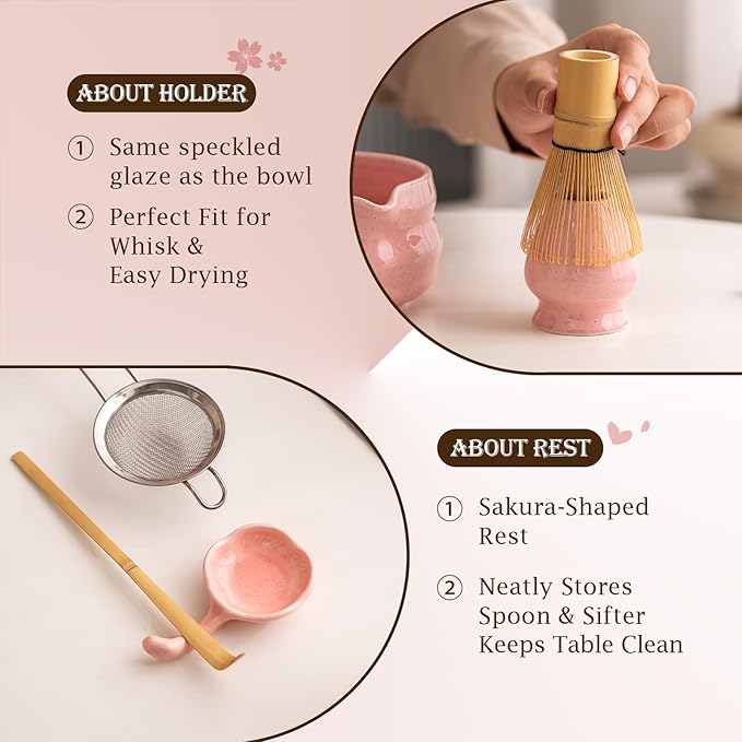 7 Pcs Matcha Kit, Matcha Bowl with Spout, Bamboo Whisk And Scoop, Ceramic Holder And Scoop Rest, Stainless Steel Sifter, Tea Towel. Speckled Pink Glaze Matcha Whisk Set for Beginners And Gifting