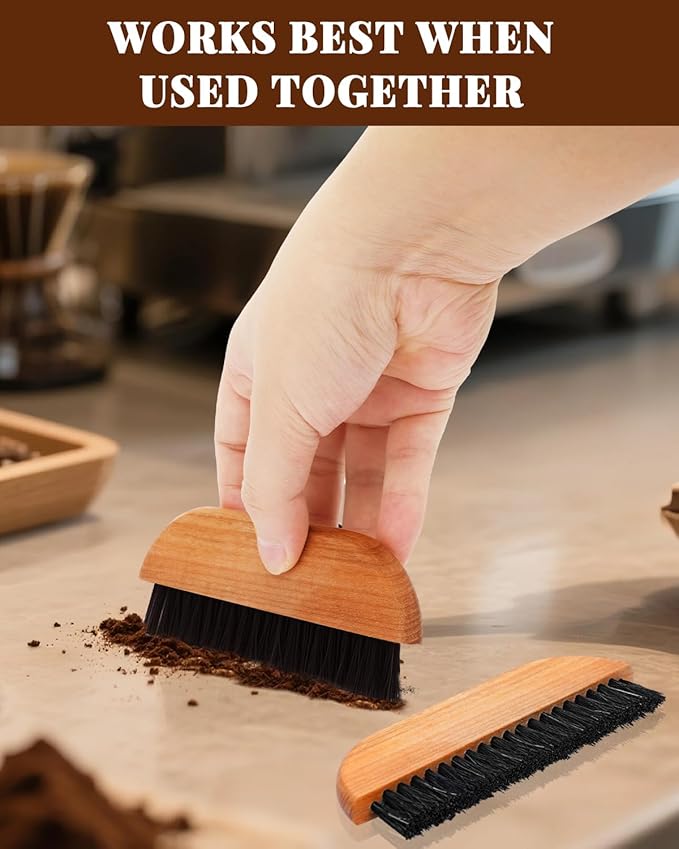 2 Pack Espresso Machine Cleaning Brush, Coffee Brush - Ebony Bristle with Hanging Rope & Walnut Wood Espresso Brush for Espresso Machine, Grinder, Countertop, Compact Coffee Cleaning Tool