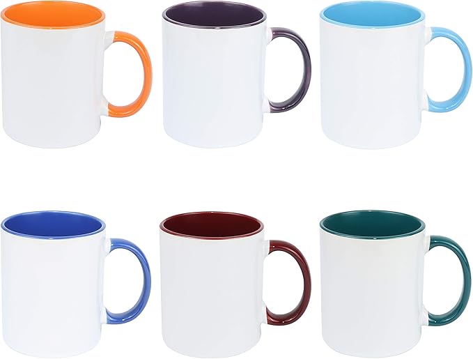 11oz White Ceramic Sublimation Coffee Mug With Solid Colors Inside and Handle, Mixed 12 Colors, Case of 12