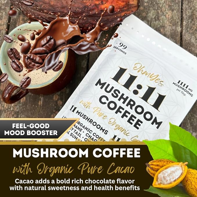 OhmYes 11 Mushroom Coffee + Cacao – Organic Nootropic Superfood Blend with Lion’s Mane, Reishi, Chaga, Cordyceps & Theobromine – Natural Brain Supplement for Memory, Focus & Energy (7 oz)