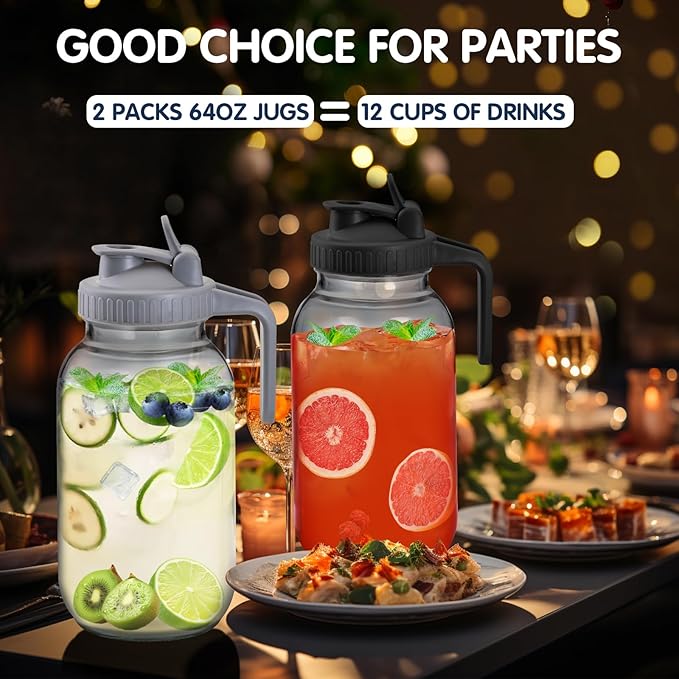64oz Glass Pitchers with Lid and Spout, 2 Quart Mason Jar Pitchers, Wide Mouth Jar Leak-proof Water Jug for Water, Juice, Milk, Tea, Iced Coffee, and Drinks, 2 Packs.