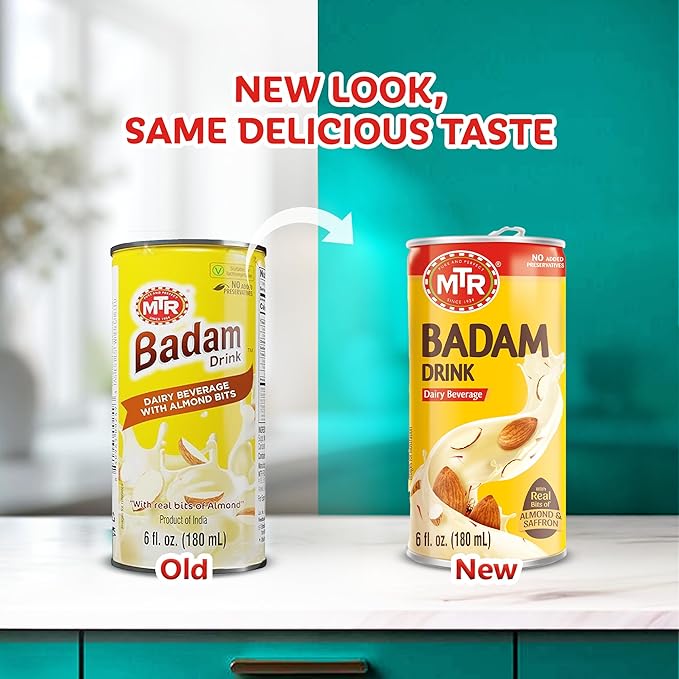 MTR Badam Drink, Ready-to-Drink - Authentic Indian Almond Milk Beverage, Real Bits of Almond & Saffron, No Added Preservatives, No Added Artificial Flavors & Colors, Gluten-Free, Refreshing Drink, Perfect for Anytime Refreshment, Pack of 12