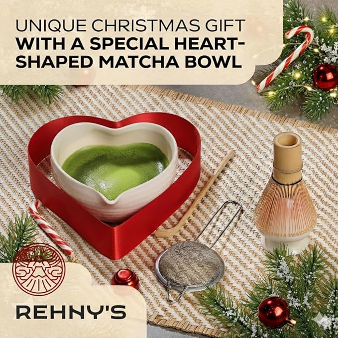 Rehny’s Matcha Whisk Set | Complete Matcha Set w/Heart-Shaped Bowl, Bamboo Whisk, Holder, Stainless Steel Sifter, Bamboo Scoop | Christmas Gift Present Macha Kit Handmade Bowl | Macha Powder Tea Kit