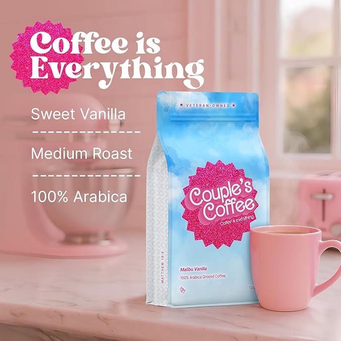 Couple's Coffee Vanilla Grounds | Malibu Vanilla Flavored Coffee | Pink Gifts for Women | Gives Back to Military Families | Medium Roast Made with 100% Arabica Beans | 12oz