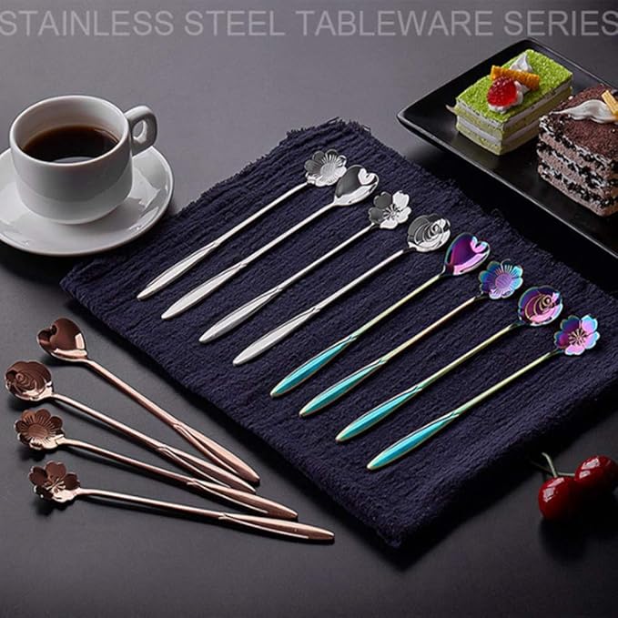 Rainbow Stainless Steel Reusable Tea Scoops and Stirring Spoons - Set of 4, Coffee, Mixing, Sugar, Dessert, Cake, Ice Cream Spoons for Tea Party, Dishwasher Safe