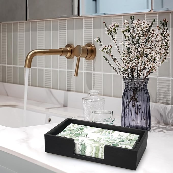Black Wooden Napkin Holder Guest Towels Holder Flat Bathroom Napkins Holder Disposable Hand Towel Tray Cocktail Napkin Holder for Table Kitchen Counter Modern Paper Towel Holder Basket Accessories
