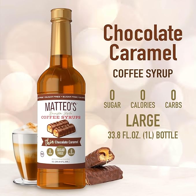 Matteo's Salted Chocolate Caramel Syrup for Coffee, Lattes, Cappuccinos & Desserts – Sugar-Free Sweetener for Beverages, Keto Friendly, Zero Calories, Indulgent Flavor, Non-Alcoholic, 33.8oz (1pk)